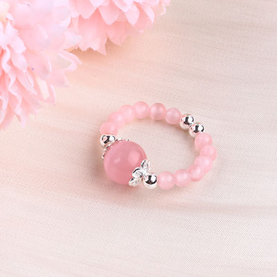 4mm Handmade Gemstone Beaded Ring Adjustable Elastic Pink Cat's Eye Stone Ring Untuk Pesta Pakai Setiap Hari
