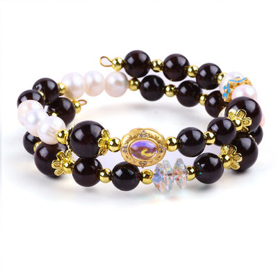Custom DIY 8MM Garnet Dan Mutiara Putih Dengan Bunga Spacer Bead Double Bangle Untuk Pakai Sehari-hari