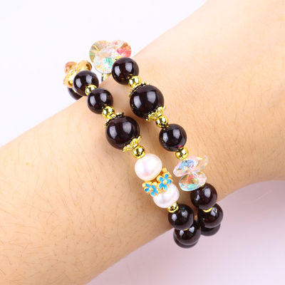 Custom DIY 8MM Garnet Dan Mutiara Putih Dengan Bunga Spacer Bead Double Bangle Untuk Pakai Sehari-hari