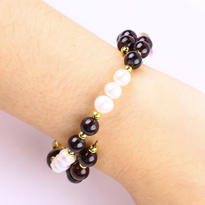 Custom DIY 8MM Garnet Dan Mutiara Putih Dengan Bunga Spacer Bead Double Bangle Untuk Pakai Sehari-hari