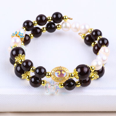 Custom DIY 8MM Garnet Dan Mutiara Putih Dengan Bunga Spacer Bead Double Bangle Untuk Pakai Sehari-hari