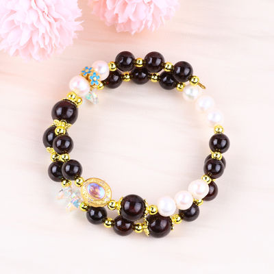 Custom DIY 8MM Garnet Dan Mutiara Putih Dengan Bunga Spacer Bead Double Bangle Untuk Pakai Sehari-hari