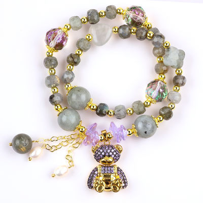 Multifaced 7MM Labradorite Dan Air Tawar Mutiara buatan tangan Batu permata Ungu Beruang Pesona Manik Gelang