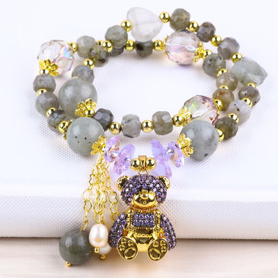 Multifaced 7MM Labradorite Dan Air Tawar Mutiara buatan tangan Batu permata Ungu Beruang Pesona Manik Gelang