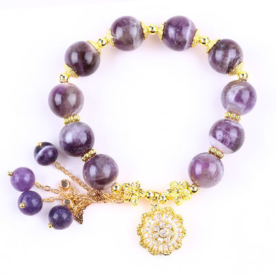 Tangan buatan 12mm Dream Amethyst Dengan Bunga Spinner Charm Blessing Crystal Bead Bracelet