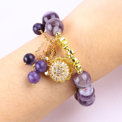 Tangan buatan 12mm Dream Amethyst Dengan Bunga Spinner Charm Blessing Crystal Bead Bracelet