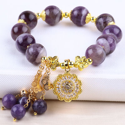 Tangan buatan 12mm Dream Amethyst Dengan Bunga Spinner Charm Blessing Crystal Bead Bracelet