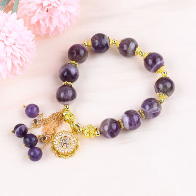 Tangan buatan 12mm Dream Amethyst Dengan Bunga Spinner Charm Blessing Crystal Bead Bracelet