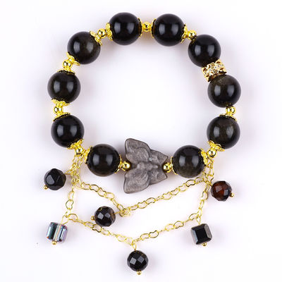 Batu Semi-harganya Obsidian Emas Dengan Perak Obsidian Kupu-kupu Bentuk Bulat Manik Gelang