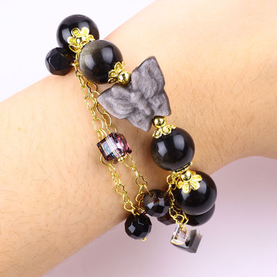 Batu Semi-harganya Obsidian Emas Dengan Perak Obsidian Kupu-kupu Bentuk Bulat Manik Gelang