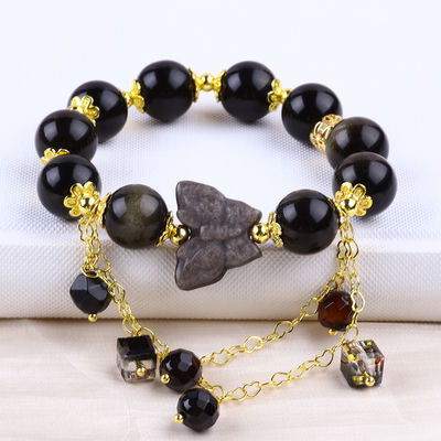 Batu Semi-harganya Obsidian Emas Dengan Perak Obsidian Kupu-kupu Bentuk Bulat Manik Gelang