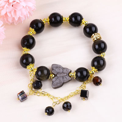 Batu Semi-harganya Obsidian Emas Dengan Perak Obsidian Kupu-kupu Bentuk Bulat Manik Gelang