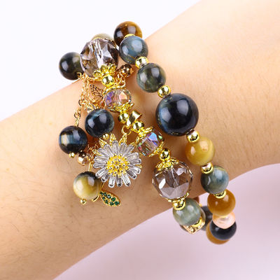 8mm unik dengan mata harimau mimpi Mata matahari Bunga Spinner Charm Blessing Crystal Double Layer Bracelet