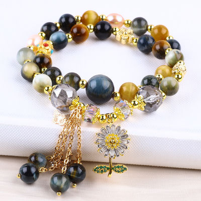 8mm unik dengan mata harimau mimpi Mata matahari Bunga Spinner Charm Blessing Crystal Double Layer Bracelet