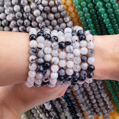 Strand manik-manik longgar Kuarsa hitam Rutilated Semi Batu mulia Batu mulia kristal alami untuk pembuatan perhiasan DIY