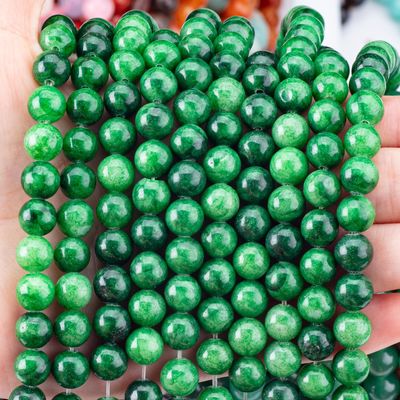 Kristal alami Jadeit Hijau Gelap 8MM Manik-manik Lolos Bulat Manik-manik Permata Untuk Membuat Perhiasan DIY