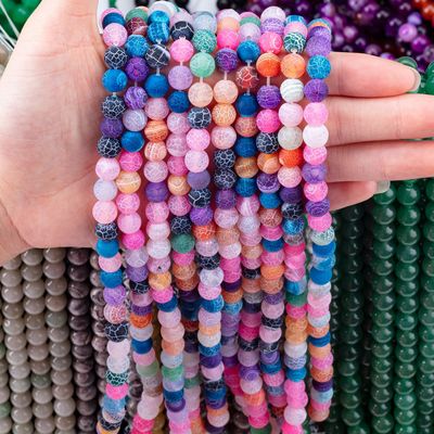 Rainbow Weathered Agate Loose Bead Strands Semi Precious Stone Matt Frosted Cracked Agate untuk pembuatan perhiasan DIY