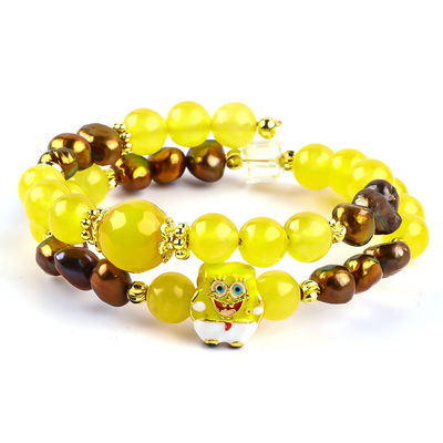 Penyembuhan Kristal Asli Kuning Kalcedonia Dan Warna Kopi Mutiara Air Tawar Dengan Spongebob Karikatur Charm Gelang