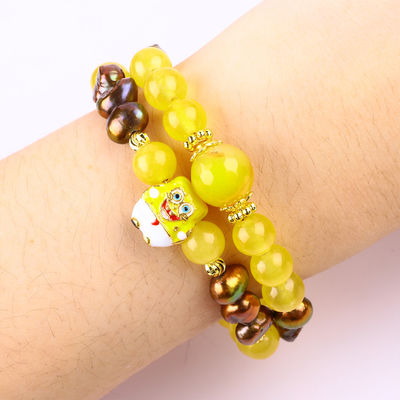 Penyembuhan Kristal Asli Kuning Kalcedonia Dan Warna Kopi Mutiara Air Tawar Dengan Spongebob Karikatur Charm Gelang
