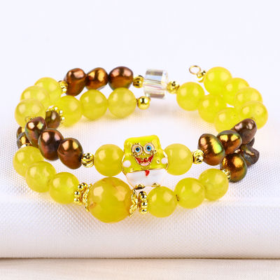 Penyembuhan Kristal Asli Kuning Kalcedonia Dan Warna Kopi Mutiara Air Tawar Dengan Spongebob Karikatur Charm Gelang
