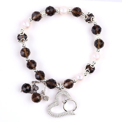 Natural Smoky Quartz dan White Pearl Reiki Healing Elastic Heart Charm Stretch Bracelet