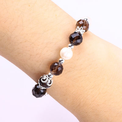 Natural Smoky Quartz dan White Pearl Reiki Healing Elastic Heart Charm Stretch Bracelet