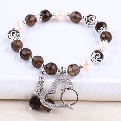 Natural Smoky Quartz dan White Pearl Reiki Healing Elastic Heart Charm Stretch Bracelet