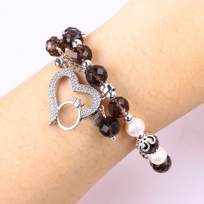 Natural Smoky Quartz dan White Pearl Reiki Healing Elastic Heart Charm Stretch Bracelet
