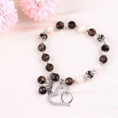 Natural Smoky Quartz dan White Pearl Reiki Healing Elastic Heart Charm Stretch Bracelet