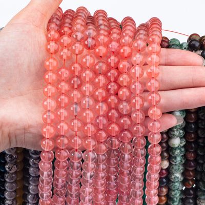Rose Cherry Quartz Loose Bead Strands Semi Precious Stone Semangka Kuarsa Merah Untuk Membuat Perhiasan DIY