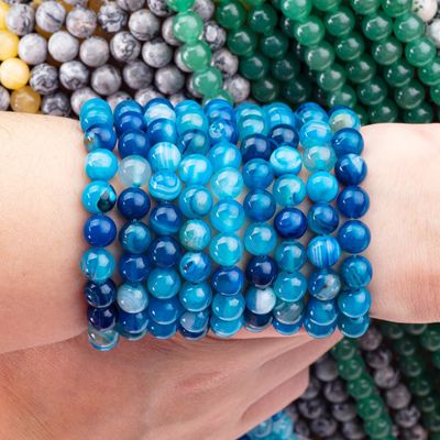 Blue Stripped Agate Loose Bead Strands Batu Semi Berharga untuk pembuatan perhiasan DIY
