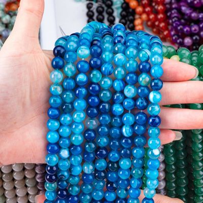 Blue Stripped Agate Loose Bead Strands Batu Semi Berharga untuk pembuatan perhiasan DIY