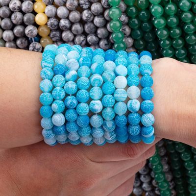 Blue Weathered Agate Loose Bead Strands Semi Precious Stone Matt Frosted Cracked Agate Untuk pembuatan perhiasan DIY