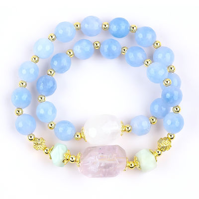 Handmade Custom Crystal Blue Chalcedony Double Layer Multifaced Round Bead Bracelet Untuk Hadiah Perhiasan