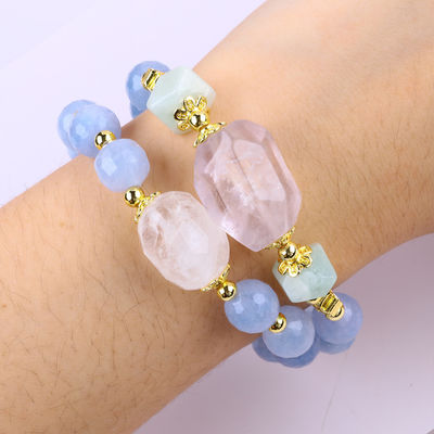 Handmade Custom Crystal Blue Chalcedony Double Layer Multifaced Round Bead Bracelet Untuk Hadiah Perhiasan