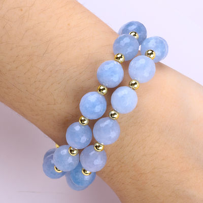 Handmade Custom Crystal Blue Chalcedony Double Layer Multifaced Round Bead Bracelet Untuk Hadiah Perhiasan