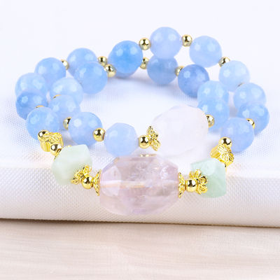 Handmade Custom Crystal Blue Chalcedony Double Layer Multifaced Round Bead Bracelet Untuk Hadiah Perhiasan