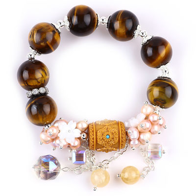 Natural 14MM Cantik Mata Harimau Dan Bunga Mutiara Air Tawar Dengan Dangle Chain Bead Bracelet