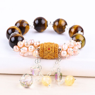 Natural 14MM Cantik Mata Harimau Dan Bunga Mutiara Air Tawar Dengan Dangle Chain Bead Bracelet