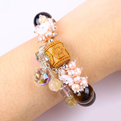 Natural 14MM Cantik Mata Harimau Dan Bunga Mutiara Air Tawar Dengan Dangle Chain Bead Bracelet