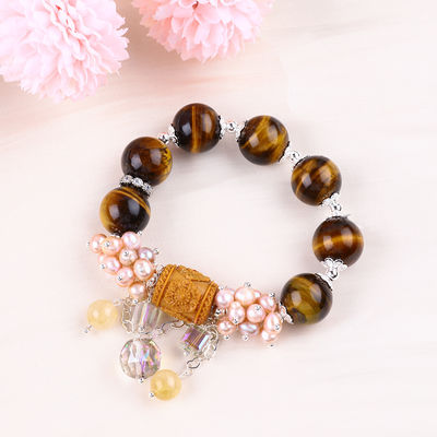 Natural 14MM Cantik Mata Harimau Dan Bunga Mutiara Air Tawar Dengan Dangle Chain Bead Bracelet