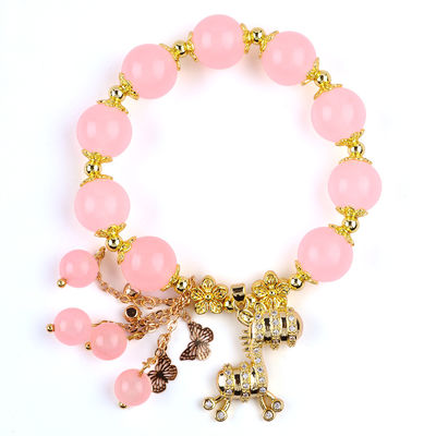 Custom 12mm Pink Kuarsa Manik Gelang dengan Deer Charm