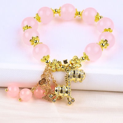Custom 12mm Pink Kuarsa Manik Gelang dengan Deer Charm