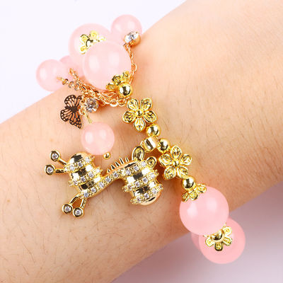 Custom 12mm Pink Kuarsa Manik Gelang dengan Deer Charm