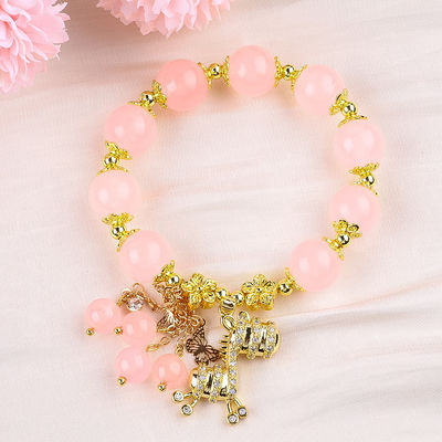 Custom 12mm Pink Kuarsa Manik Gelang dengan Deer Charm