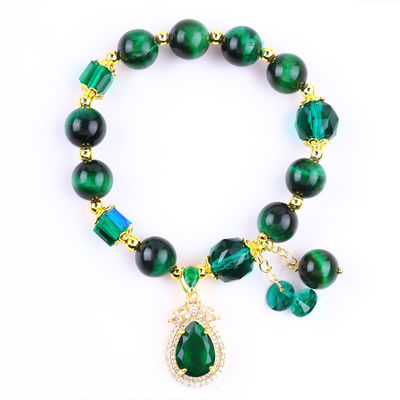 Natural Green 10mm Tiger Eye Bracelet Dengan Lapisan Emas Tembaga