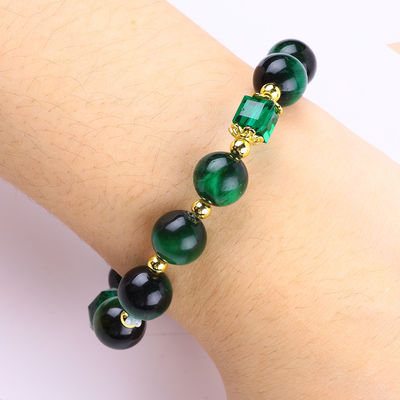 Natural Green 10mm Tiger Eye Bracelet Dengan Lapisan Emas Tembaga