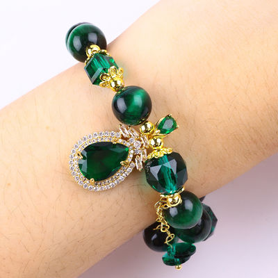 Natural Green 10mm Tiger Eye Bracelet Dengan Lapisan Emas Tembaga