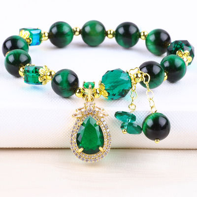 Natural Green 10mm Tiger Eye Bracelet Dengan Lapisan Emas Tembaga