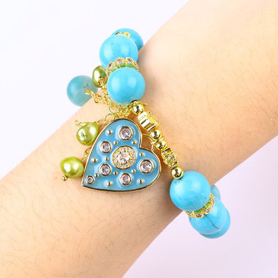 12mm Blue Turquoise Crystal Bracelet Berkilauan Heart Stretch Charm Bracelet